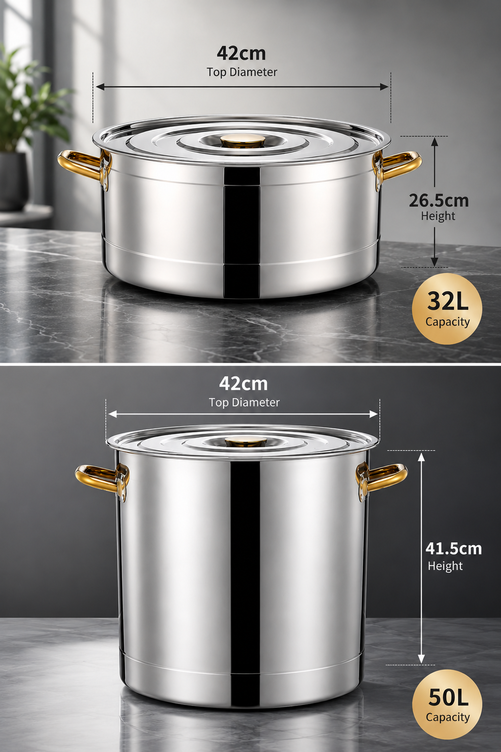 measuring commercial stock pot diameter and height with caliper