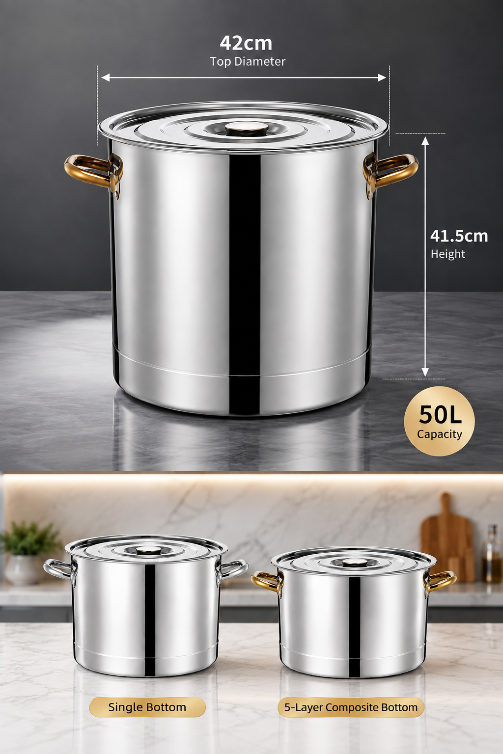 commercial stock pot technical specification drawing showing diameter height and bottom
