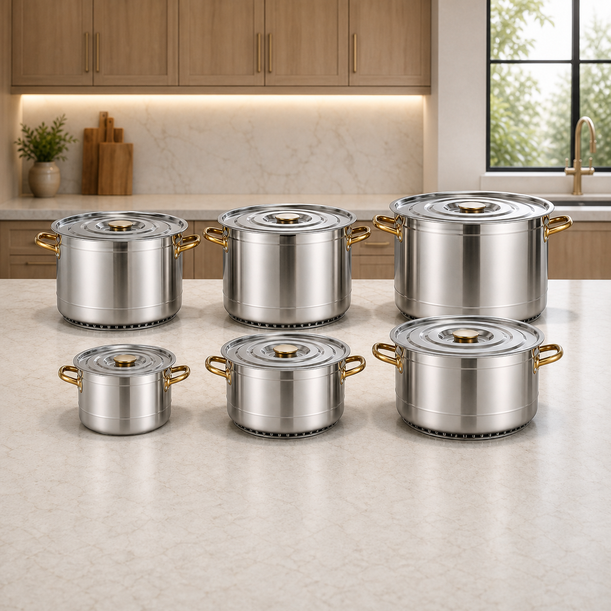 commercial kitchen environment with large stainless steel stock pots
