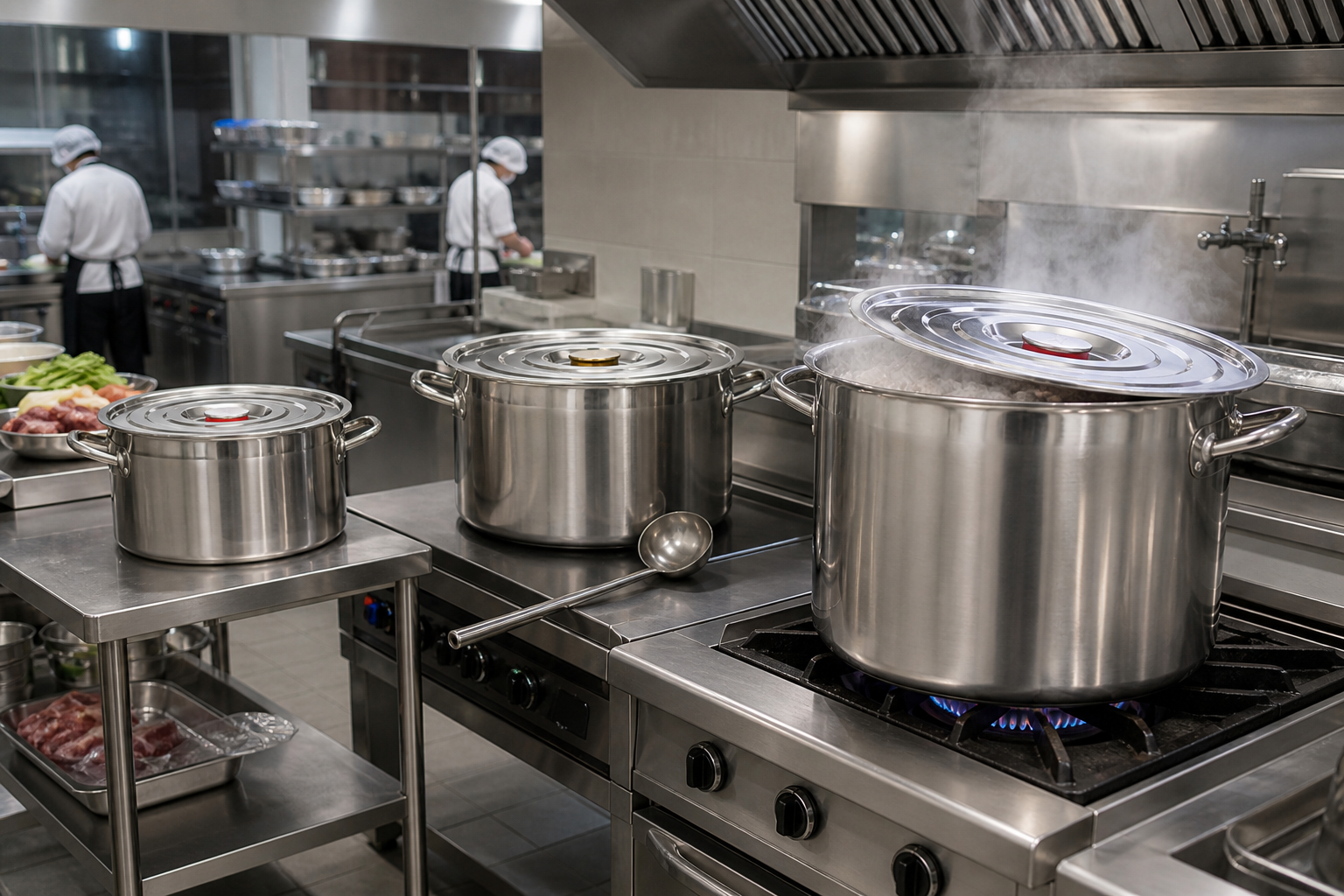 30 to 60 cm commercial stainless steel stock pots with side handles and lids